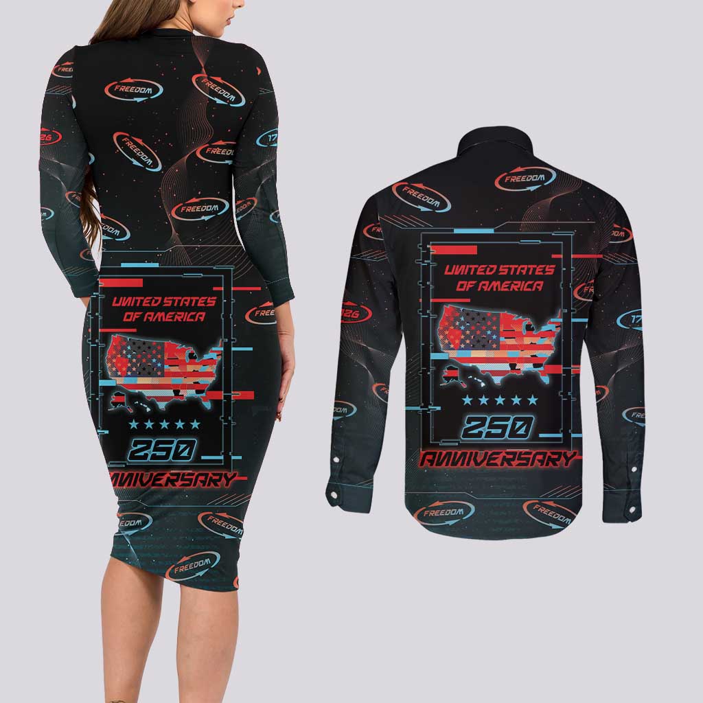 United States 250th Anniversary Couples Matching Long Sleeve Bodycon Dress and Long Sleeve Button Shirt Statue Of Liberty Cyberpunk Style - Wonder Print Shop