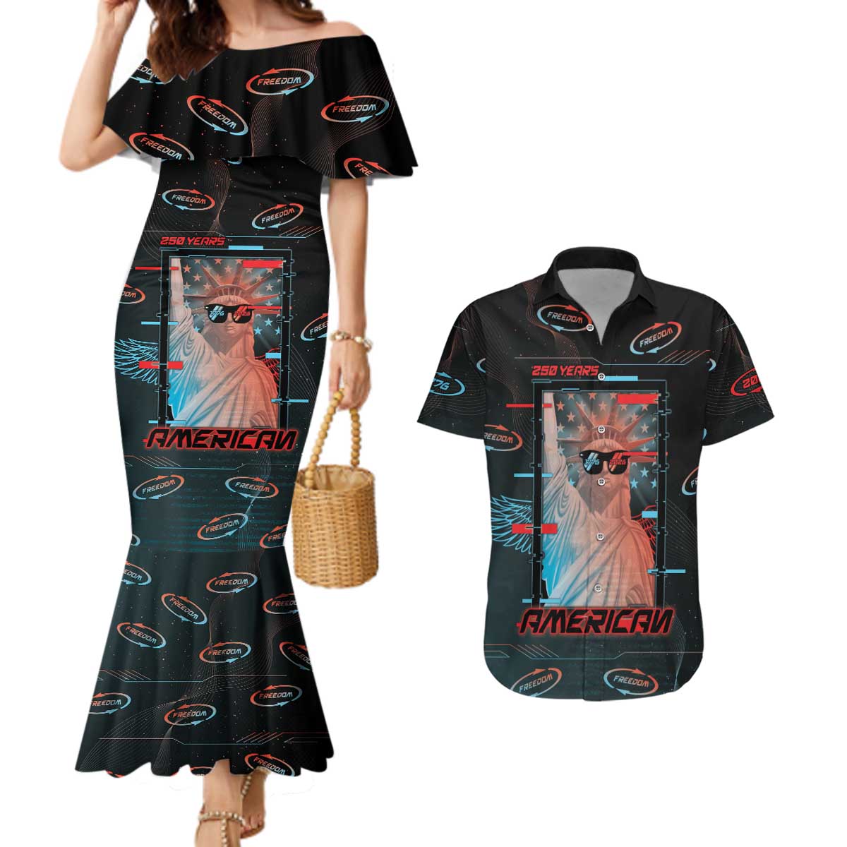 United States 250th Anniversary Couples Matching Mermaid Dress and Hawaiian Shirt Statue Of Liberty Cyberpunk Style - Wonder Print Shop
