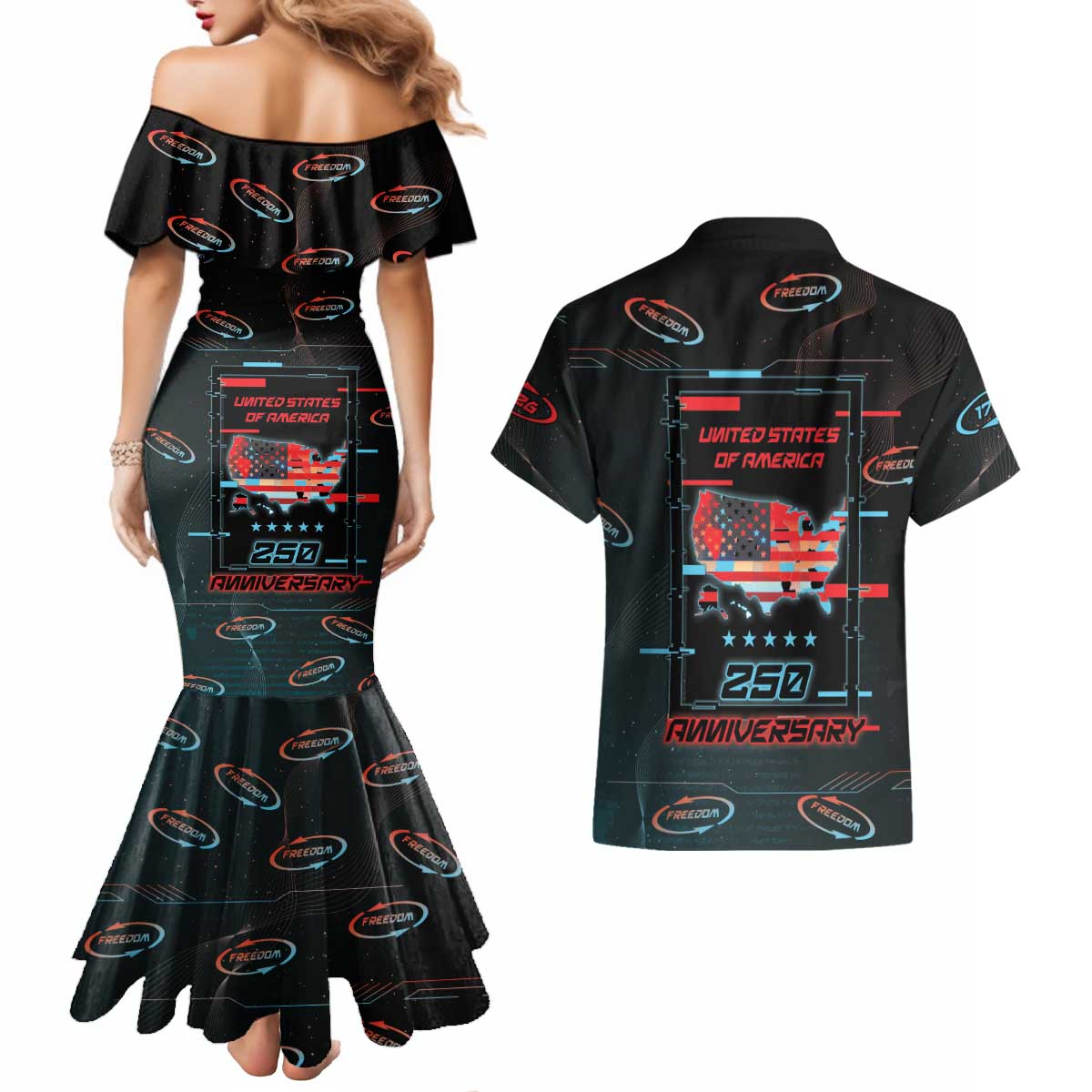 United States 250th Anniversary Couples Matching Mermaid Dress and Hawaiian Shirt Statue Of Liberty Cyberpunk Style - Wonder Print Shop