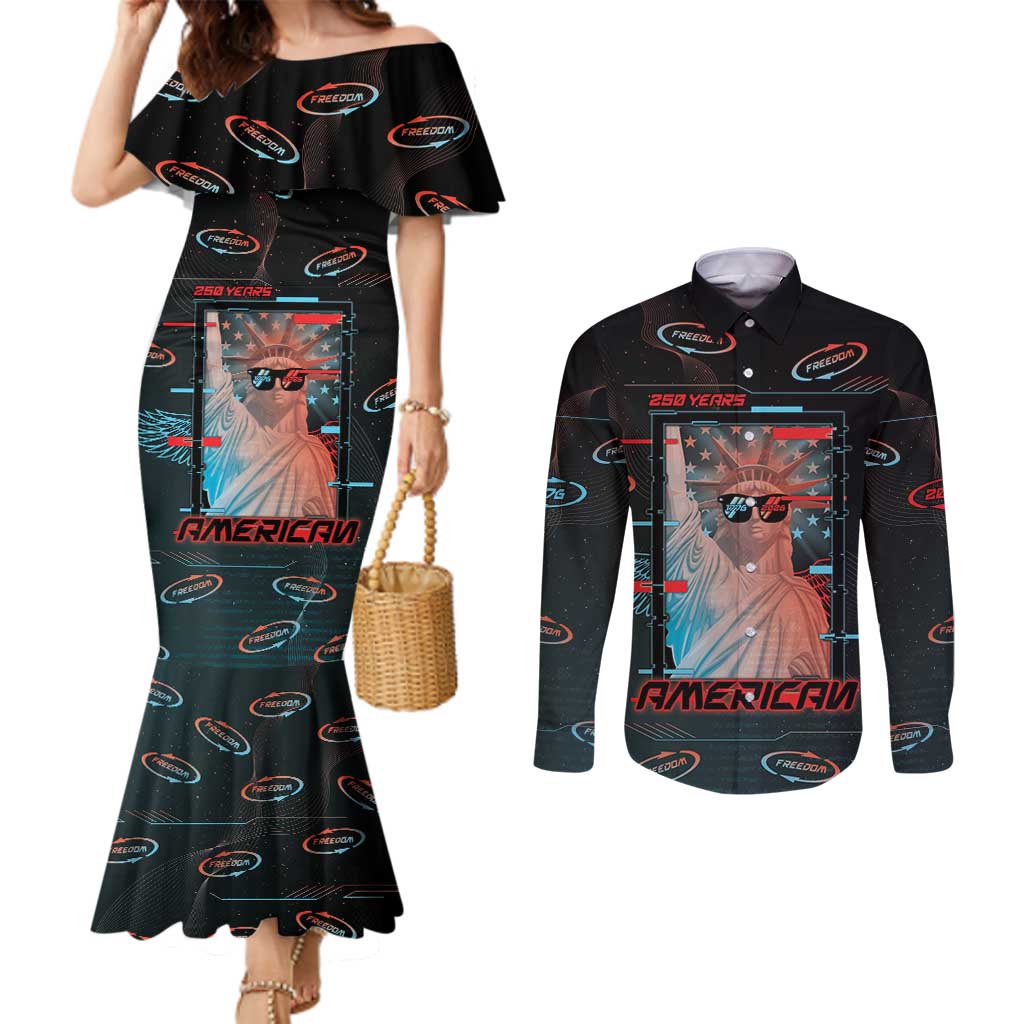 United States 250th Anniversary Couples Matching Mermaid Dress and Long Sleeve Button Shirt Statue Of Liberty Cyberpunk Style - Wonder Print Shop