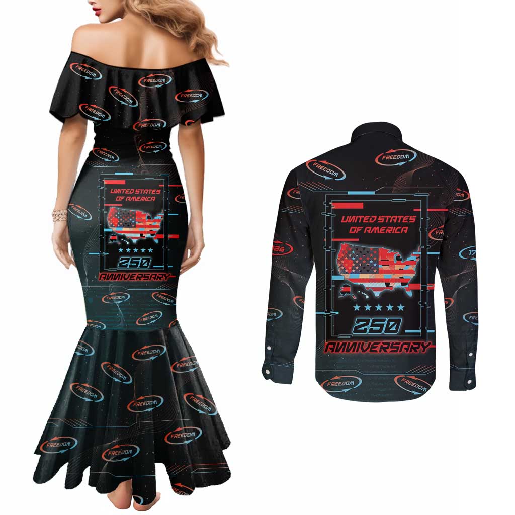 United States 250th Anniversary Couples Matching Mermaid Dress and Long Sleeve Button Shirt Statue Of Liberty Cyberpunk Style - Wonder Print Shop