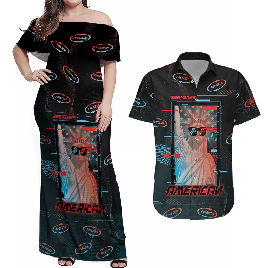 United States 250th Anniversary Couples Matching Off Shoulder Maxi Dress and Hawaiian Shirt Statue Of Liberty Cyberpunk Style - Wonder Print Shop