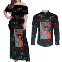 United States 250th Anniversary Couples Matching Off Shoulder Maxi Dress and Long Sleeve Button Shirt Statue Of Liberty Cyberpunk Style - Wonder Print Shop