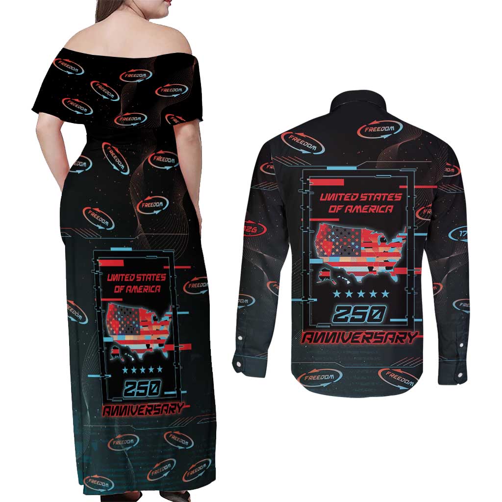 United States 250th Anniversary Couples Matching Off Shoulder Maxi Dress and Long Sleeve Button Shirt Statue Of Liberty Cyberpunk Style - Wonder Print Shop