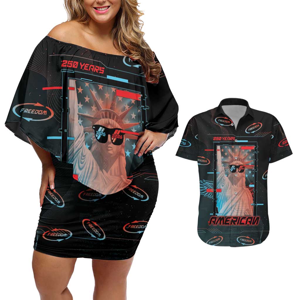 United States 250th Anniversary Couples Matching Off Shoulder Short Dress and Hawaiian Shirt Statue Of Liberty Cyberpunk Style - Wonder Print Shop