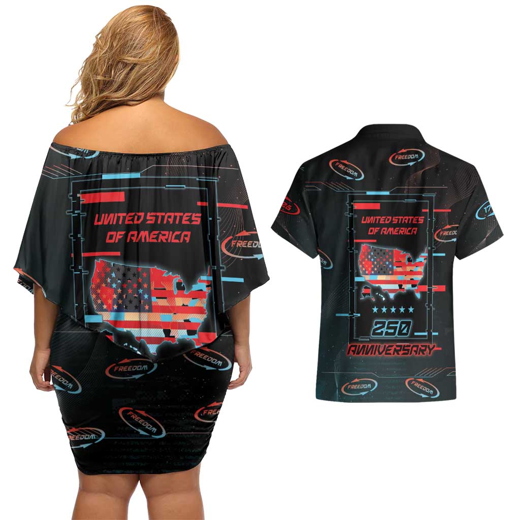 United States 250th Anniversary Couples Matching Off Shoulder Short Dress and Hawaiian Shirt Statue Of Liberty Cyberpunk Style - Wonder Print Shop