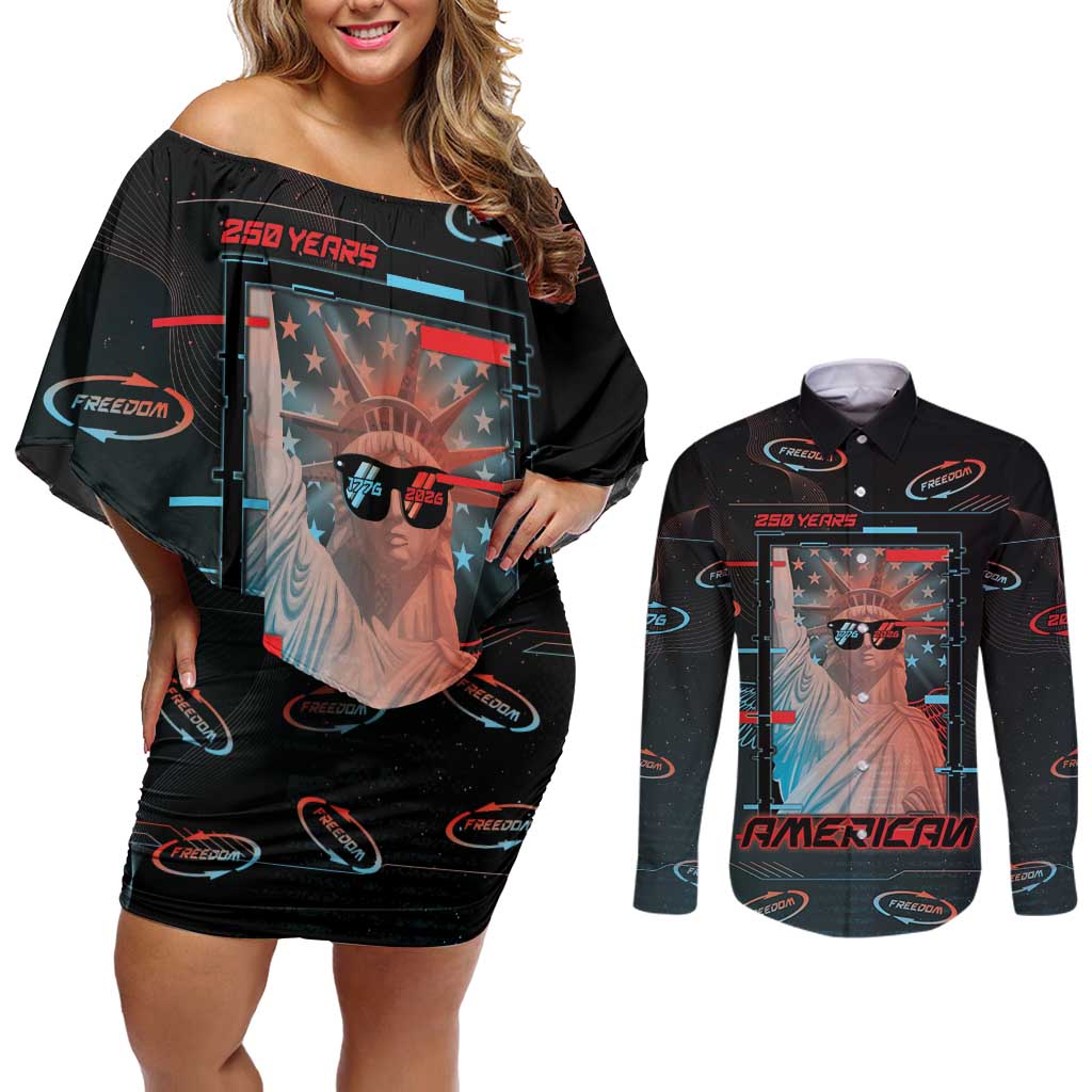 United States 250th Anniversary Couples Matching Off Shoulder Short Dress and Long Sleeve Button Shirt Statue Of Liberty Cyberpunk Style - Wonder Print Shop