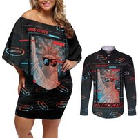 United States 250th Anniversary Couples Matching Off Shoulder Short Dress and Long Sleeve Button Shirt Statue Of Liberty Cyberpunk Style - Wonder Print Shop
