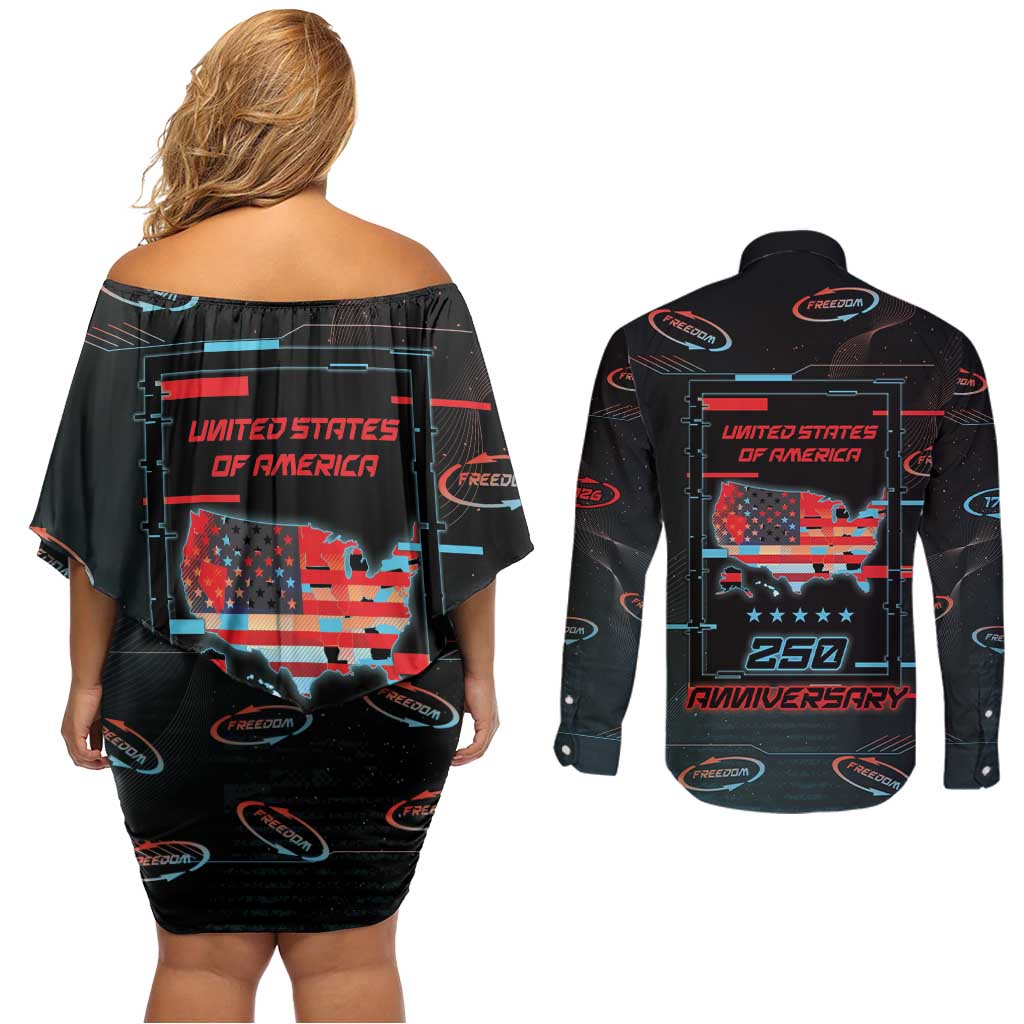 United States 250th Anniversary Couples Matching Off Shoulder Short Dress and Long Sleeve Button Shirt Statue Of Liberty Cyberpunk Style - Wonder Print Shop