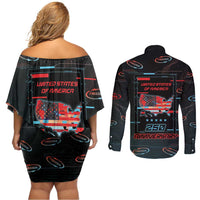 United States 250th Anniversary Couples Matching Off Shoulder Short Dress and Long Sleeve Button Shirt Statue Of Liberty Cyberpunk Style - Wonder Print Shop