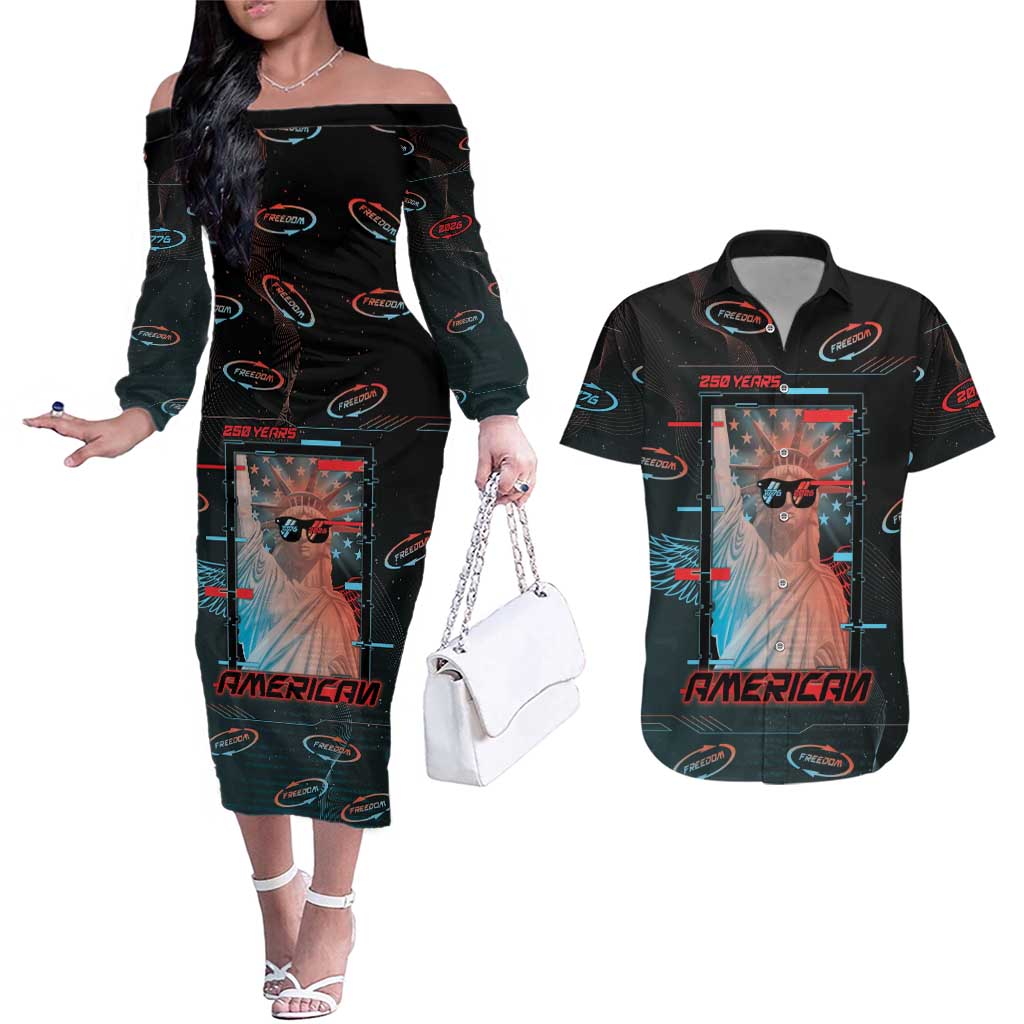 United States 250th Anniversary Couples Matching Off The Shoulder Long Sleeve Dress and Hawaiian Shirt Statue Of Liberty Cyberpunk Style - Wonder Print Shop
