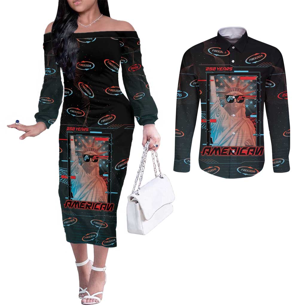 United States 250th Anniversary Couples Matching Off The Shoulder Long Sleeve Dress and Long Sleeve Button Shirt Statue Of Liberty Cyberpunk Style - Wonder Print Shop