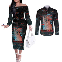 United States 250th Anniversary Couples Matching Off The Shoulder Long Sleeve Dress and Long Sleeve Button Shirt Statue Of Liberty Cyberpunk Style - Wonder Print Shop