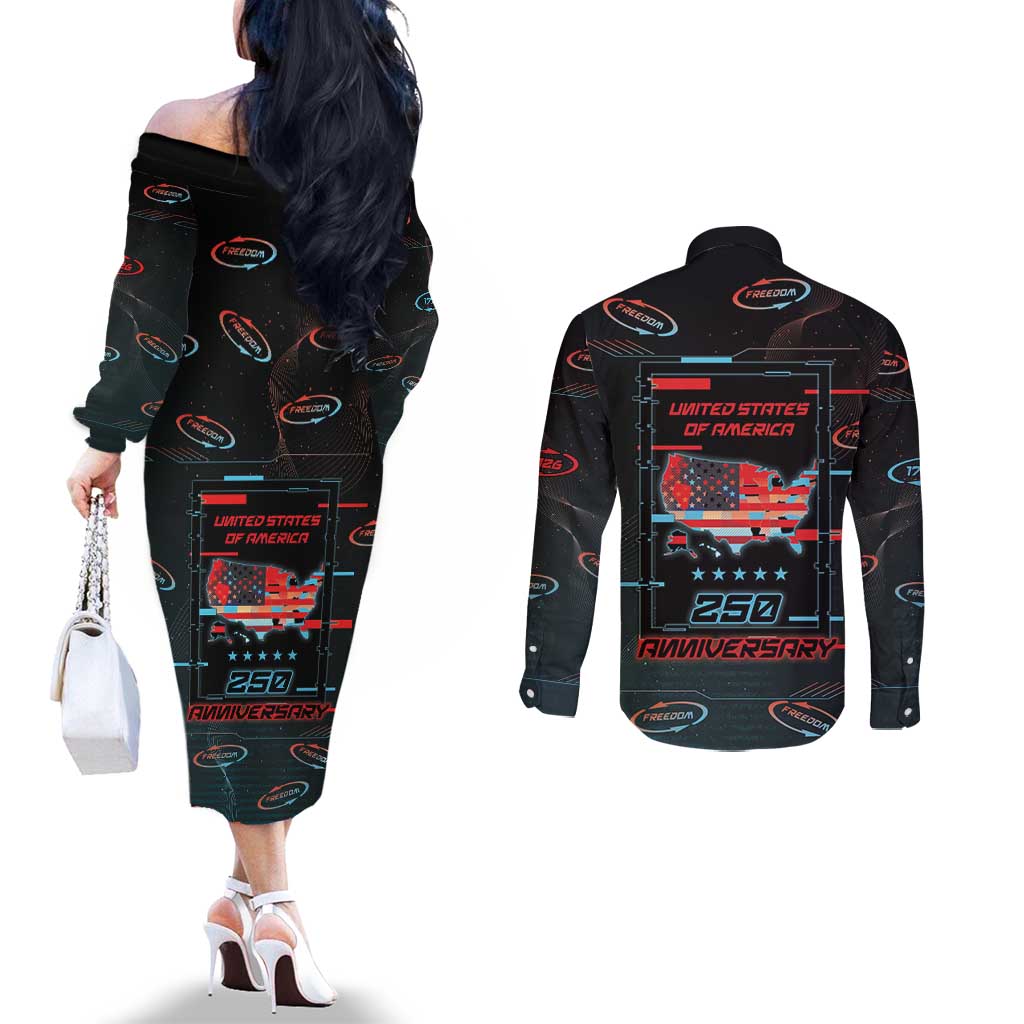 United States 250th Anniversary Couples Matching Off The Shoulder Long Sleeve Dress and Long Sleeve Button Shirt Statue Of Liberty Cyberpunk Style - Wonder Print Shop