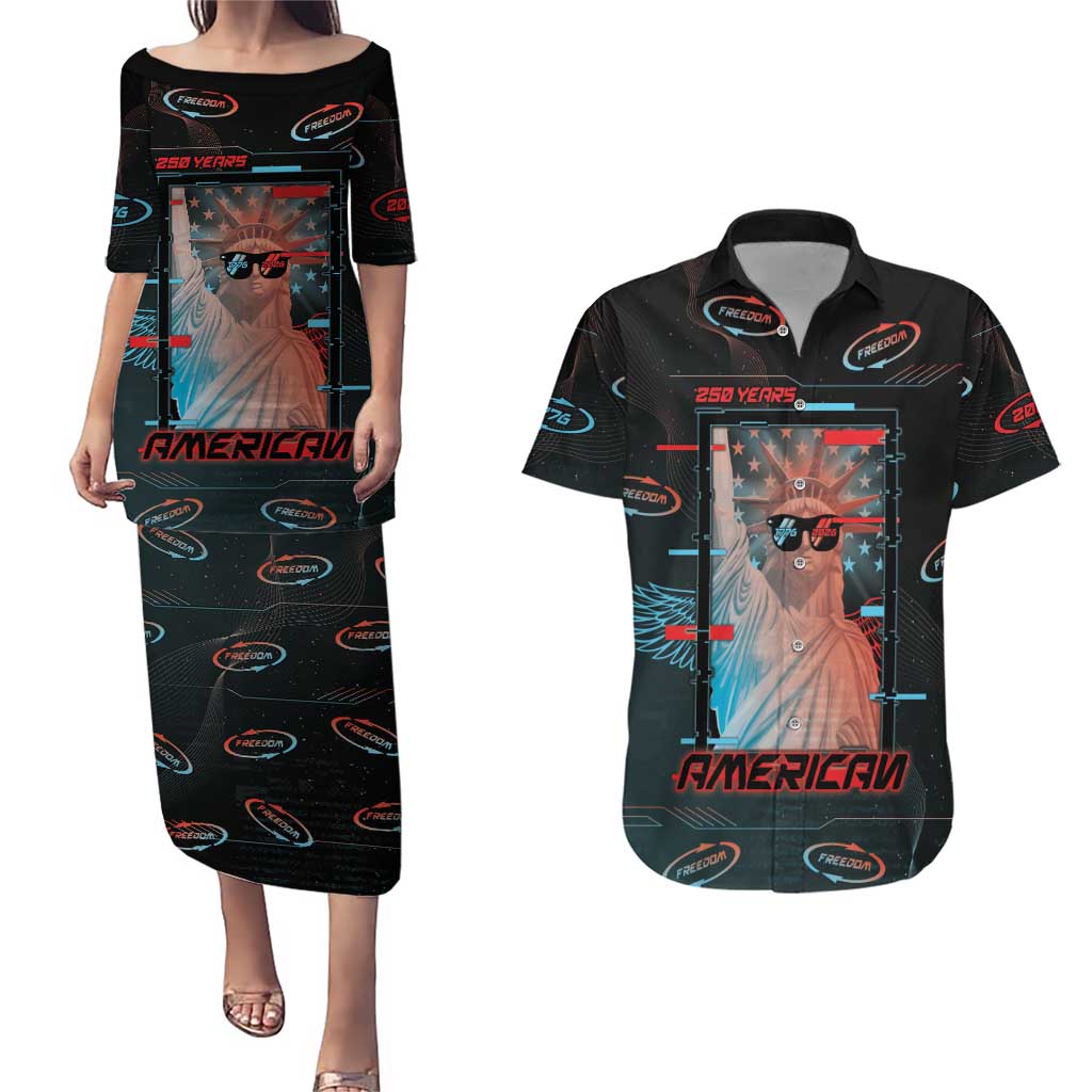 United States 250th Anniversary Couples Matching Puletasi and Hawaiian Shirt Statue Of Liberty Cyberpunk Style - Wonder Print Shop