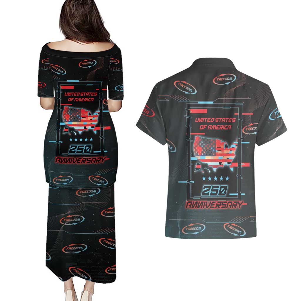 United States 250th Anniversary Couples Matching Puletasi and Hawaiian Shirt Statue Of Liberty Cyberpunk Style - Wonder Print Shop