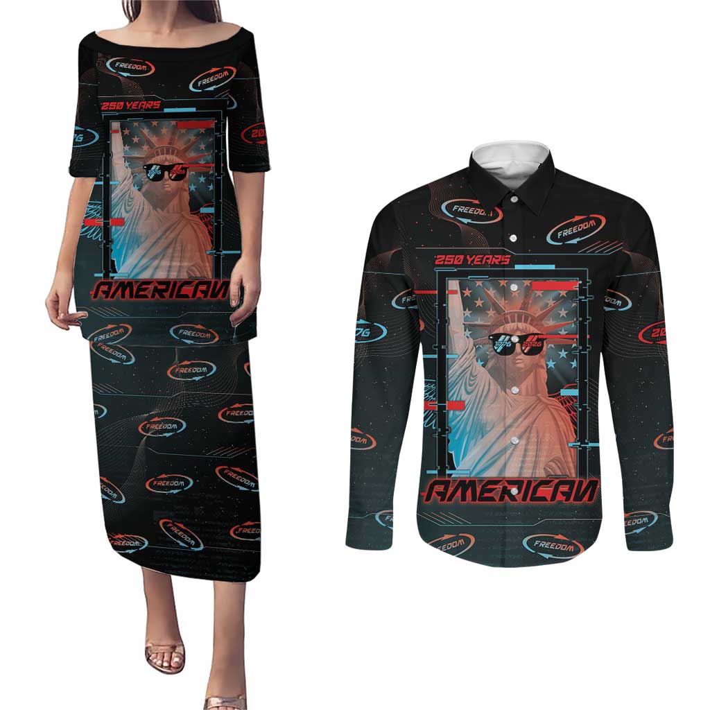 United States 250th Anniversary Couples Matching Puletasi and Long Sleeve Button Shirt Statue Of Liberty Cyberpunk Style - Wonder Print Shop