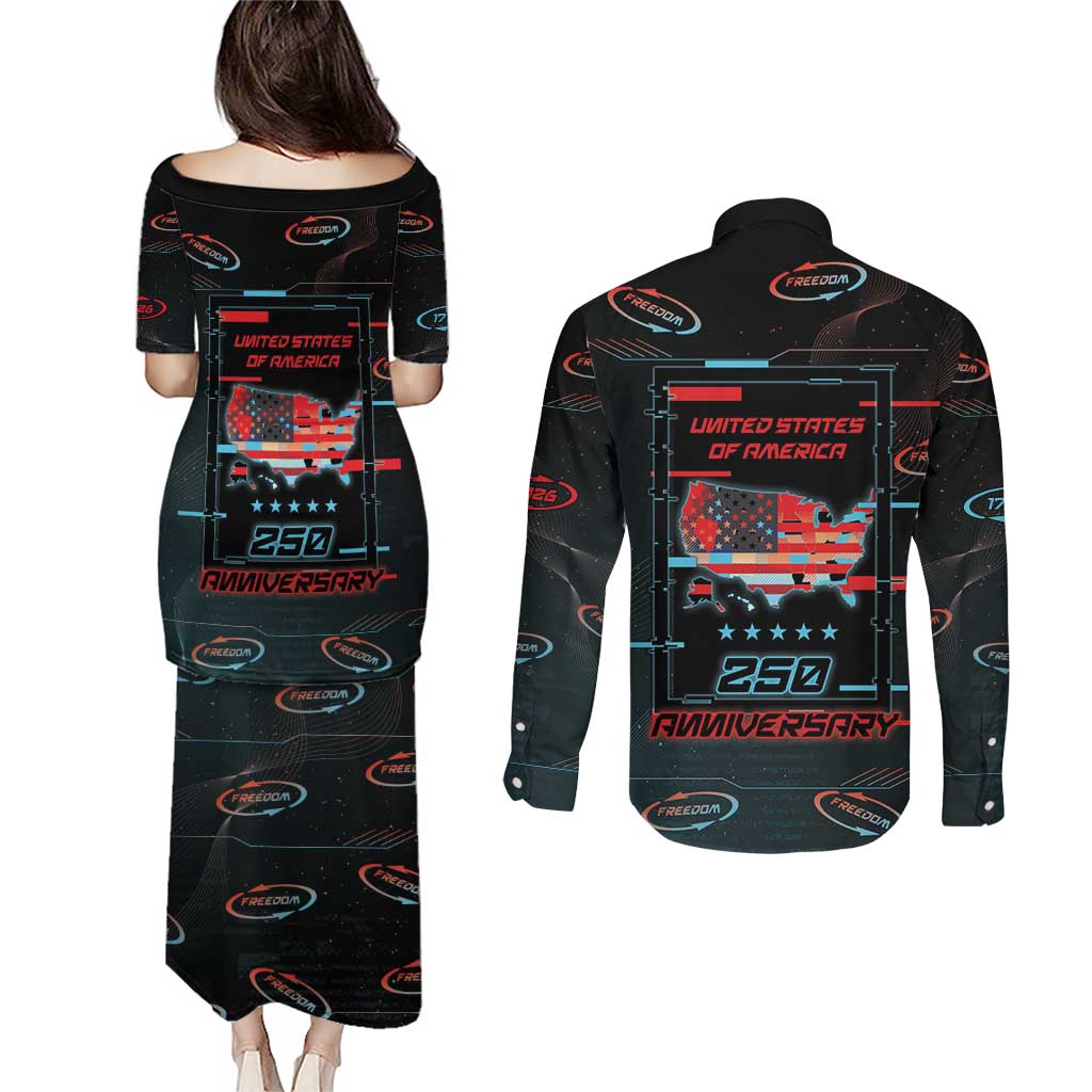 United States 250th Anniversary Couples Matching Puletasi and Long Sleeve Button Shirt Statue Of Liberty Cyberpunk Style - Wonder Print Shop