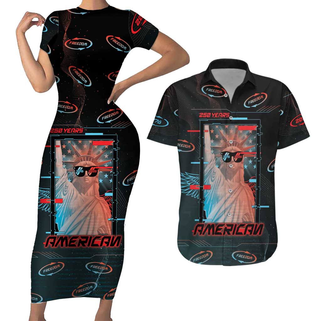 United States 250th Anniversary Couples Matching Short Sleeve Bodycon Dress and Hawaiian Shirt Statue Of Liberty Cyberpunk Style - Wonder Print Shop
