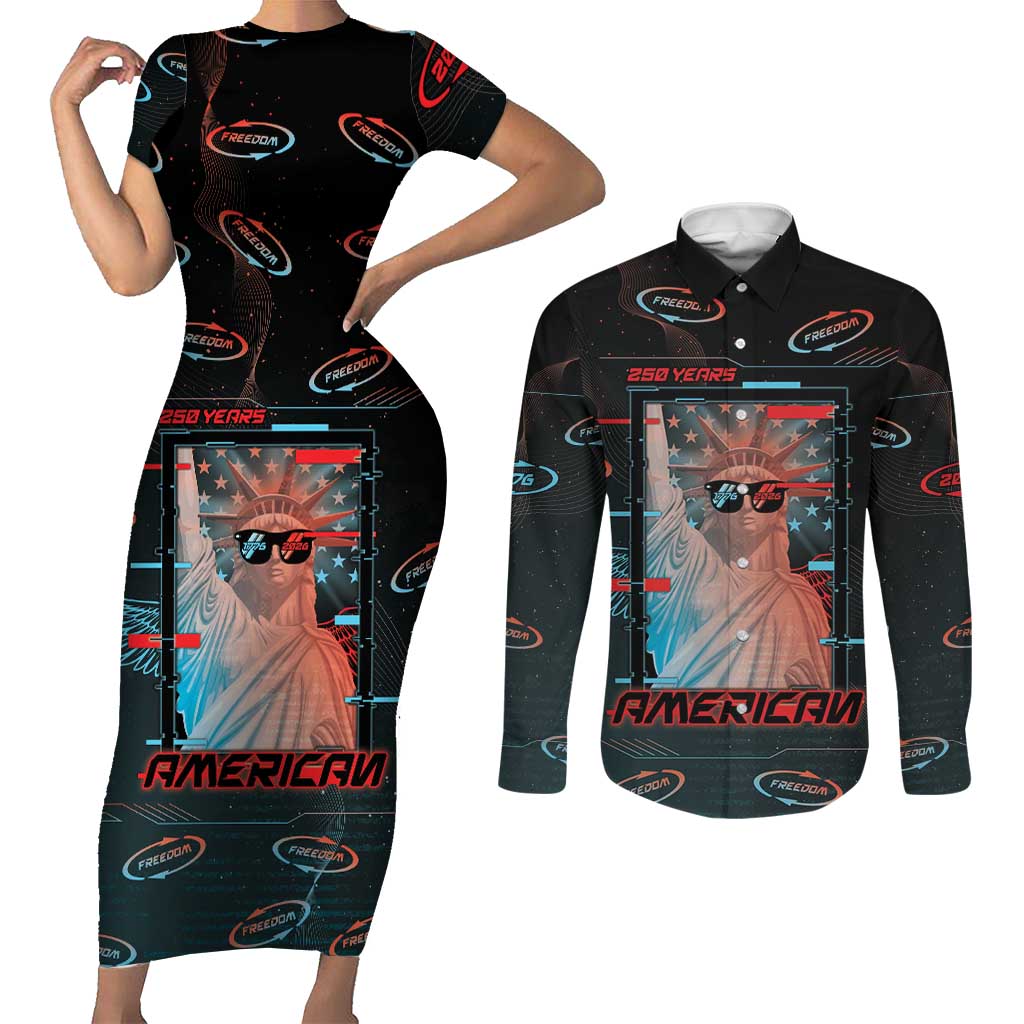 United States 250th Anniversary Couples Matching Short Sleeve Bodycon Dress and Long Sleeve Button Shirt Statue Of Liberty Cyberpunk Style - Wonder Print Shop