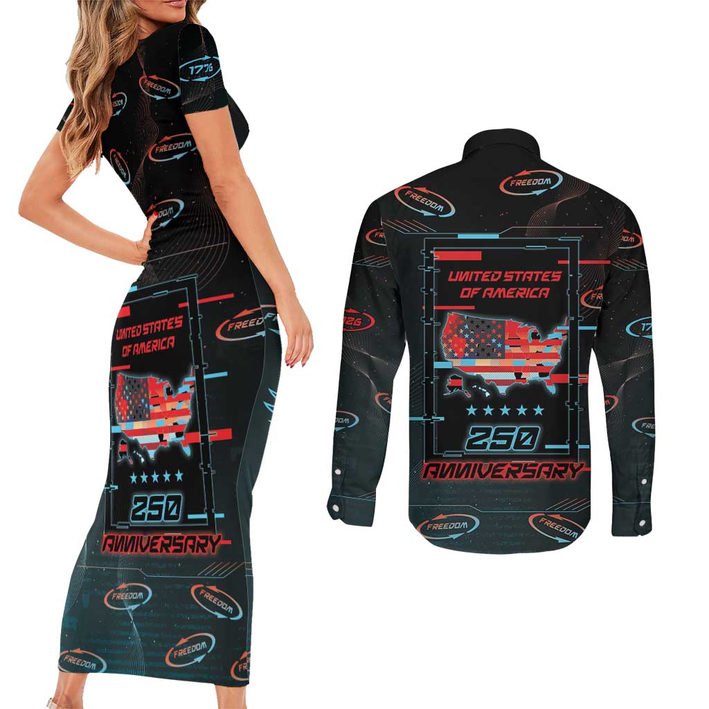 United States 250th Anniversary Couples Matching Short Sleeve Bodycon Dress and Long Sleeve Button Shirt Statue Of Liberty Cyberpunk Style - Wonder Print Shop