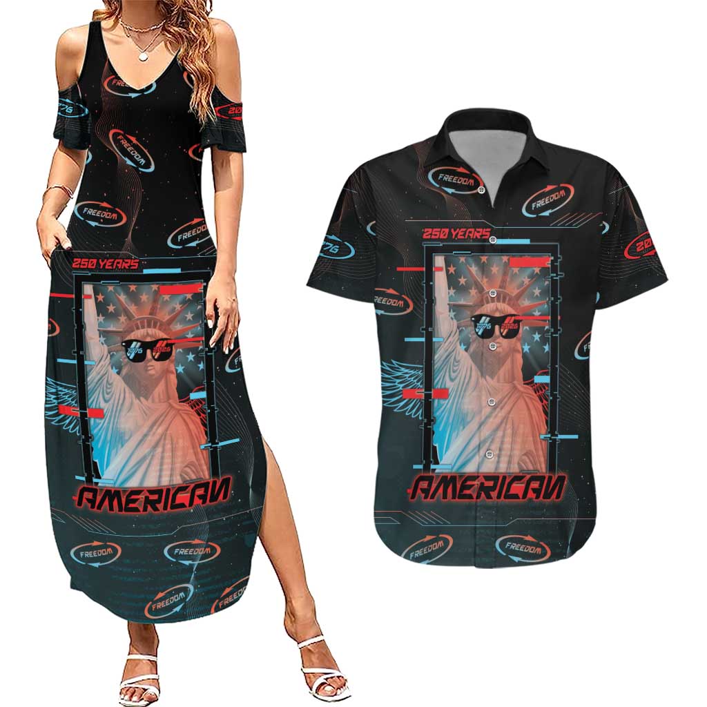 United States 250th Anniversary Couples Matching Summer Maxi Dress and Hawaiian Shirt Statue Of Liberty Cyberpunk Style - Wonder Print Shop