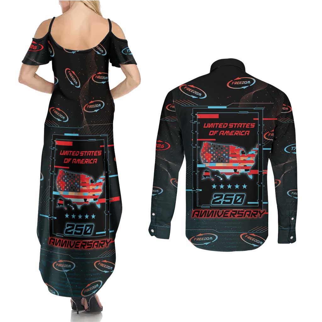 United States 250th Anniversary Couples Matching Summer Maxi Dress and Long Sleeve Button Shirt Statue Of Liberty Cyberpunk Style - Wonder Print Shop