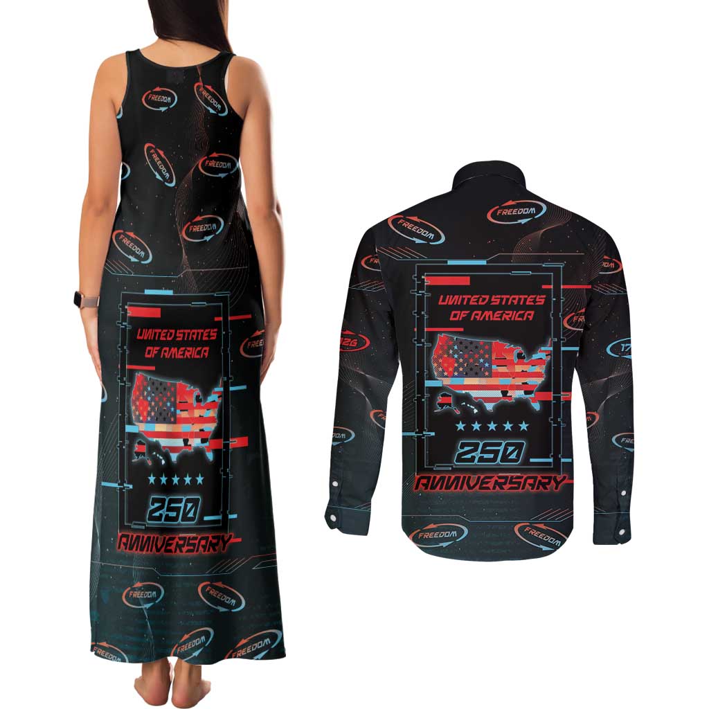 United States 250th Anniversary Couples Matching Tank Maxi Dress and Long Sleeve Button Shirt Statue Of Liberty Cyberpunk Style - Wonder Print Shop