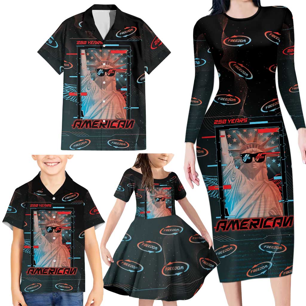 United States 250th Anniversary Family Matching Long Sleeve Bodycon Dress and Hawaiian Shirt Statue Of Liberty Cyberpunk Style - Wonder Print Shop