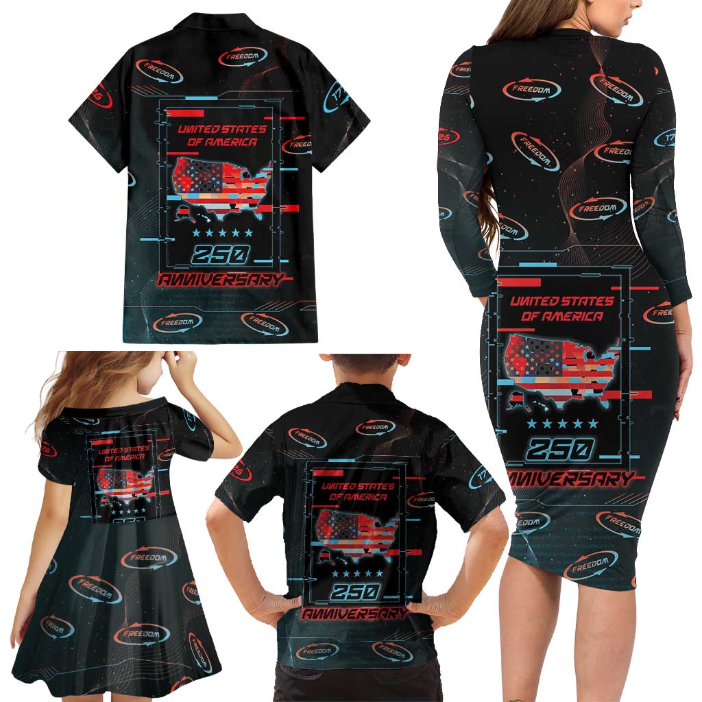 United States 250th Anniversary Family Matching Long Sleeve Bodycon Dress and Hawaiian Shirt Statue Of Liberty Cyberpunk Style - Wonder Print Shop
