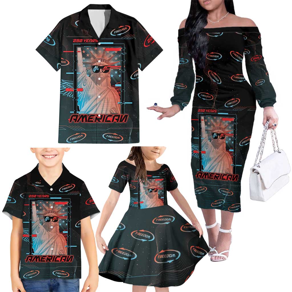 United States 250th Anniversary Family Matching Off The Shoulder Long Sleeve Dress and Hawaiian Shirt Statue Of Liberty Cyberpunk Style - Wonder Print Shop