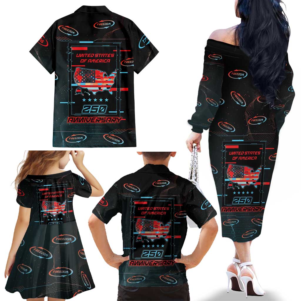 United States 250th Anniversary Family Matching Off The Shoulder Long Sleeve Dress and Hawaiian Shirt Statue Of Liberty Cyberpunk Style - Wonder Print Shop