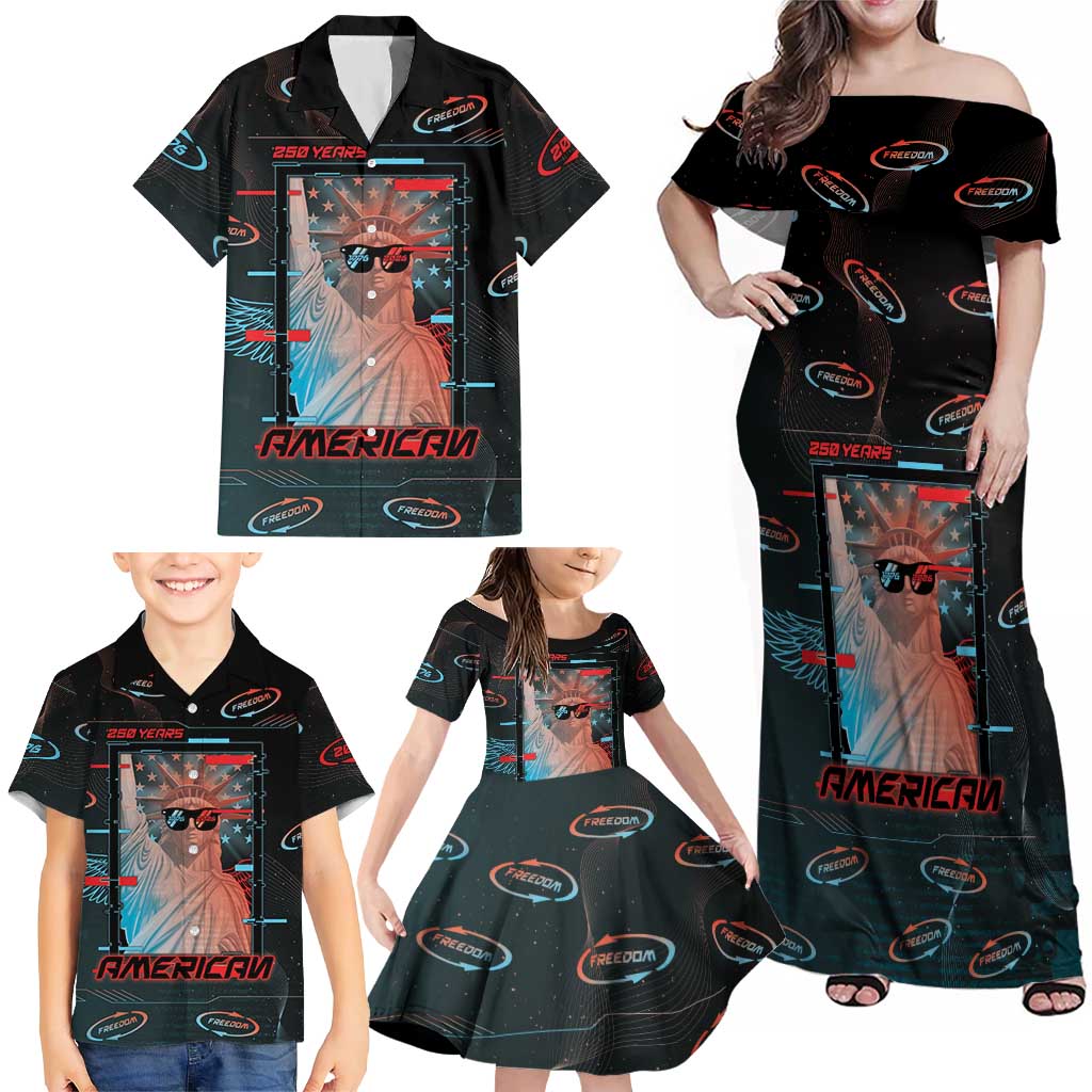 United States 250th Anniversary Family Matching Off Shoulder Maxi Dress and Hawaiian Shirt Statue Of Liberty Cyberpunk Style - Wonder Print Shop