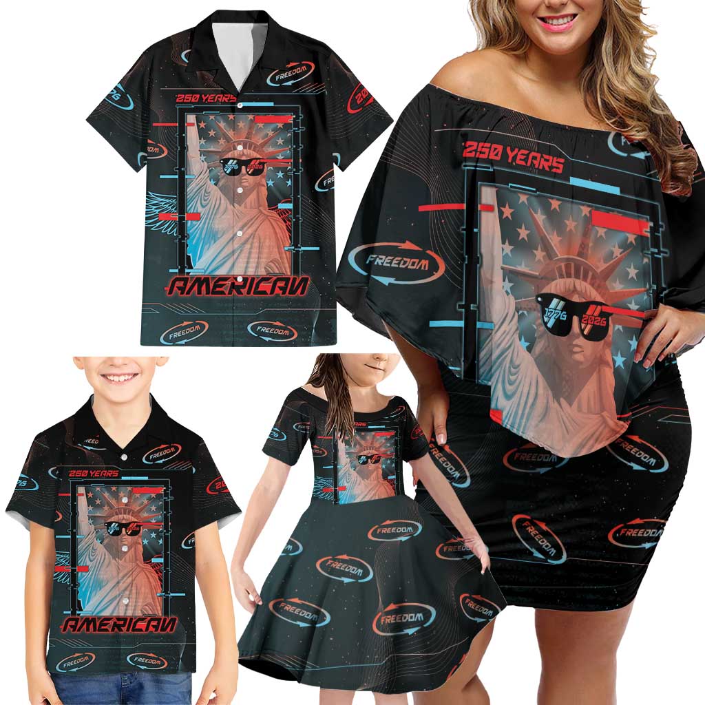 United States 250th Anniversary Family Matching Off Shoulder Short Dress and Hawaiian Shirt Statue Of Liberty Cyberpunk Style - Wonder Print Shop