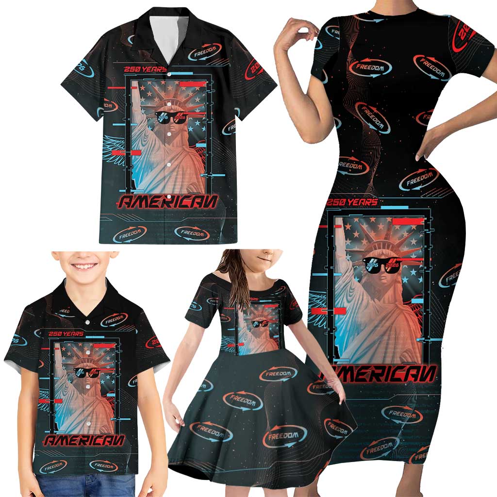 United States 250th Anniversary Family Matching Short Sleeve Bodycon Dress and Hawaiian Shirt Statue Of Liberty Cyberpunk Style - Wonder Print Shop