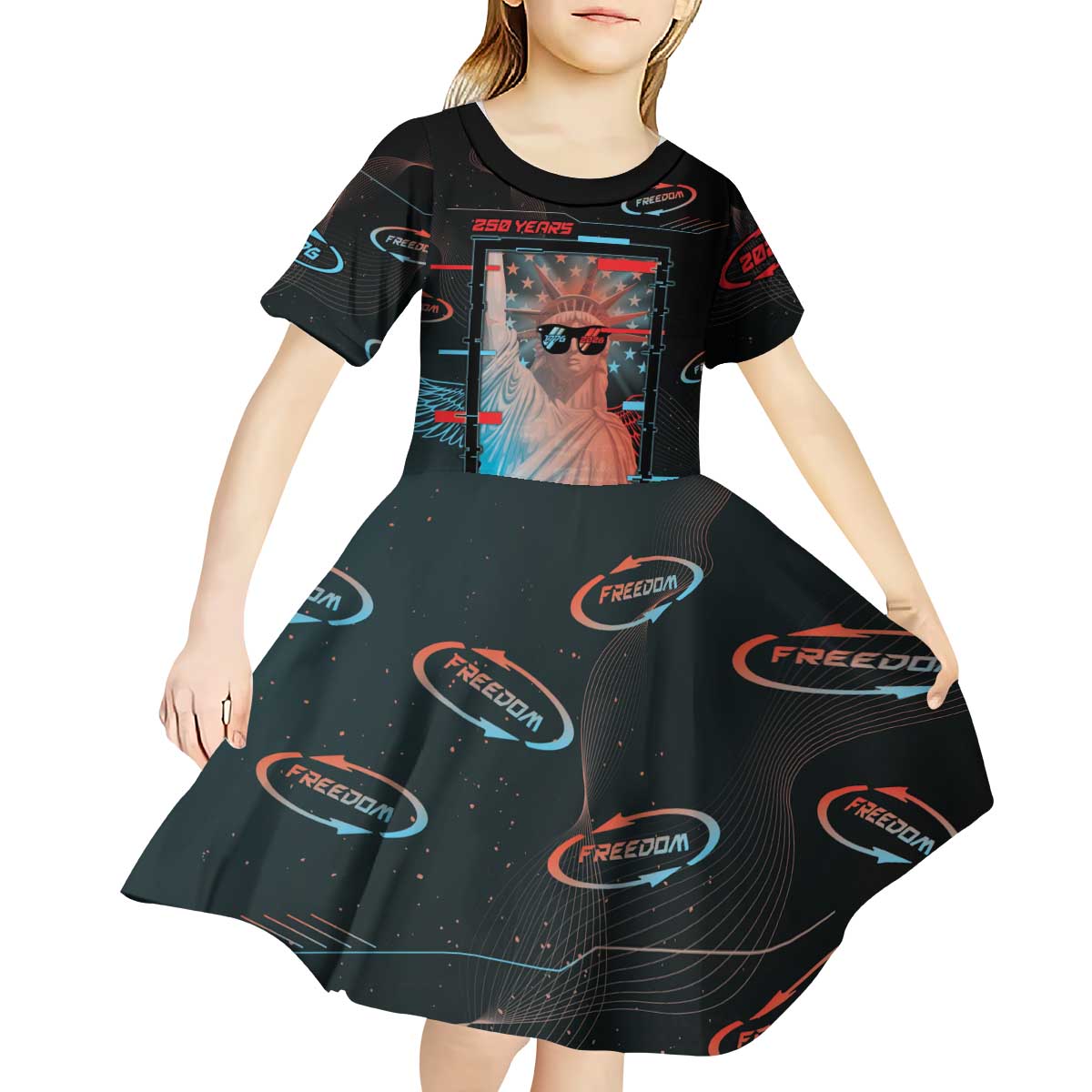 United States 250th Anniversary Kid Short Sleeve Dress Statue Of Liberty Cyberpunk Style - Wonder Print Shop