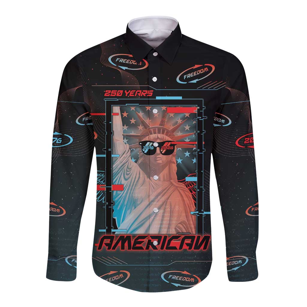 United States 250th Anniversary Long Sleeve Button Shirt Statue Of Liberty Cyberpunk Style - Wonder Print Shop