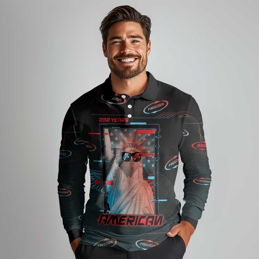 United States 250th Anniversary Long Sleeve Polo Shirt Statue Of Liberty Cyberpunk Style - Wonder Print Shop