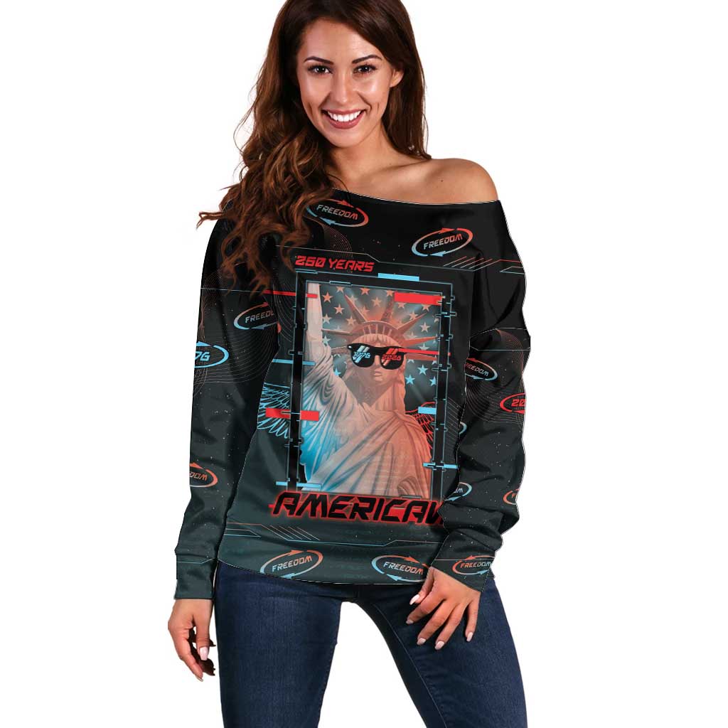 United States 250th Anniversary Off Shoulder Sweater Statue Of Liberty Cyberpunk Style - Wonder Print Shop