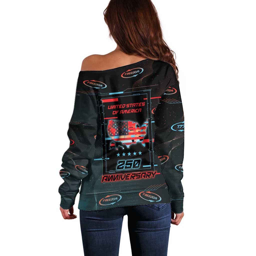 United States 250th Anniversary Off Shoulder Sweater Statue Of Liberty Cyberpunk Style - Wonder Print Shop