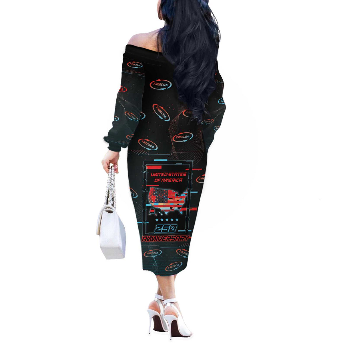 United States 250th Anniversary Off The Shoulder Long Sleeve Dress Statue Of Liberty Cyberpunk Style - Wonder Print Shop