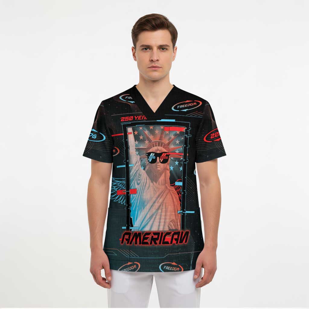 United States 250th Anniversary Scrub Top Statue Of Liberty Cyberpunk Style - Wonder Print Shop