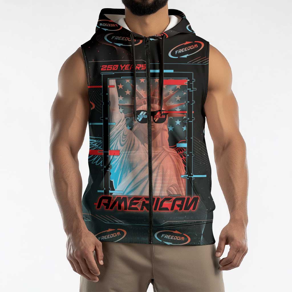 United States 250th Anniversary Sleeveless Zip Hoodie Statue Of Liberty Cyberpunk Style - Wonder Print Shop