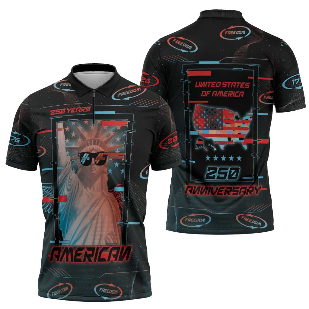 United States 250th Anniversary Zipper Polo Shirt Statue Of Liberty Cyberpunk Style - Wonder Print Shop