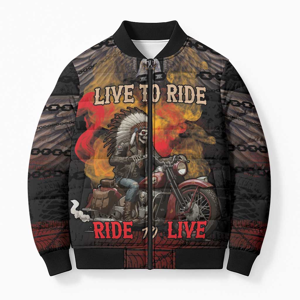 Indian Motorcycle Bomber Puffer Jacket Live To Ride Skull Biker Native American - Wonder Print Shop