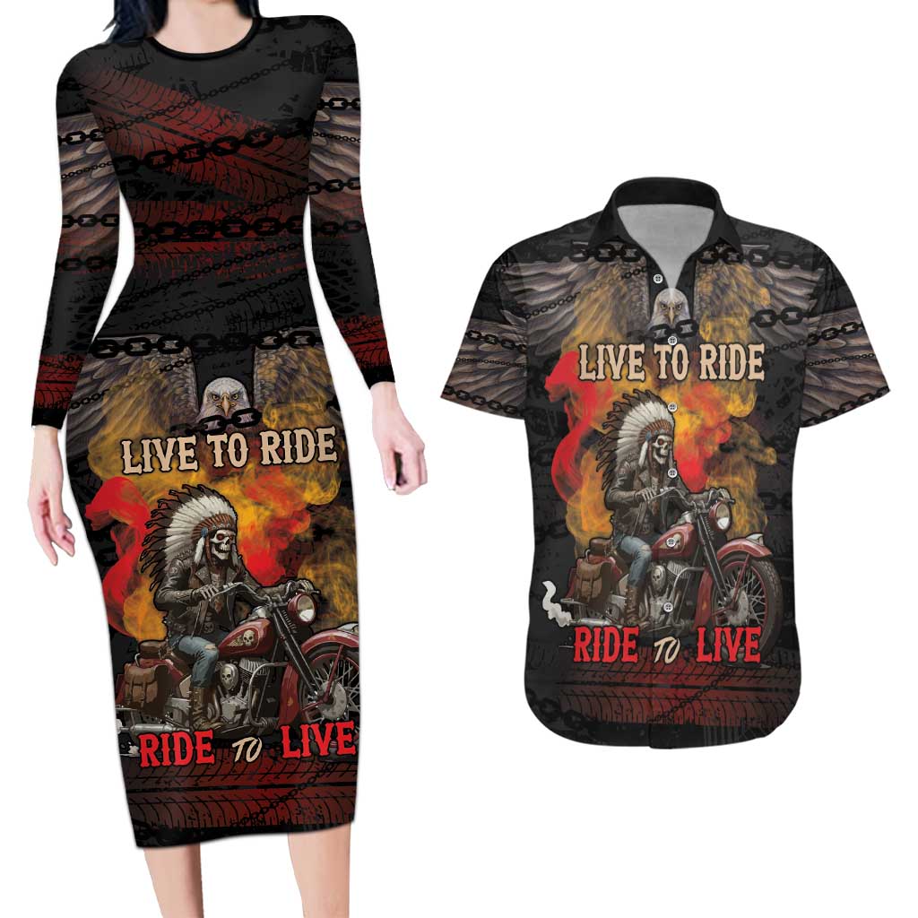 Indian Motorcycle Couples Matching Long Sleeve Bodycon Dress and Hawaiian Shirt Live To Ride Skull Biker Native American - Wonder Print Shop