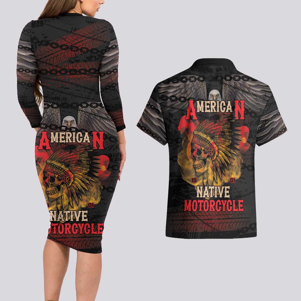 Indian Motorcycle Couples Matching Long Sleeve Bodycon Dress and Hawaiian Shirt Live To Ride Skull Biker Native American - Wonder Print Shop