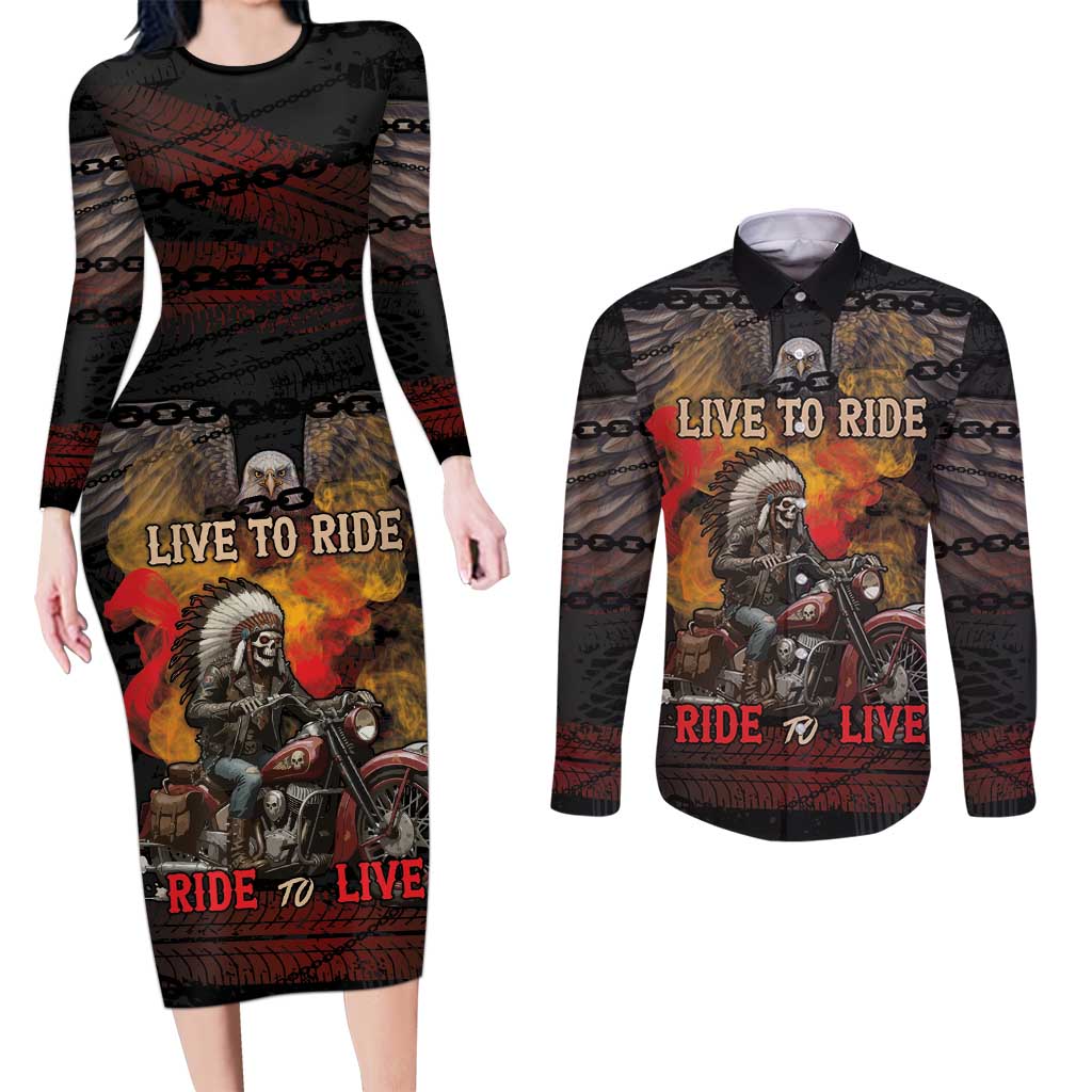 Indian Motorcycle Couples Matching Long Sleeve Bodycon Dress and Long Sleeve Button Shirt Live To Ride Skull Biker Native American - Wonder Print Shop