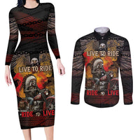 Indian Motorcycle Couples Matching Long Sleeve Bodycon Dress and Long Sleeve Button Shirt Live To Ride Skull Biker Native American - Wonder Print Shop