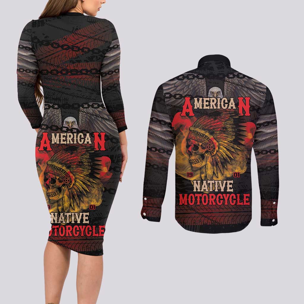 Indian Motorcycle Couples Matching Long Sleeve Bodycon Dress and Long Sleeve Button Shirt Live To Ride Skull Biker Native American - Wonder Print Shop
